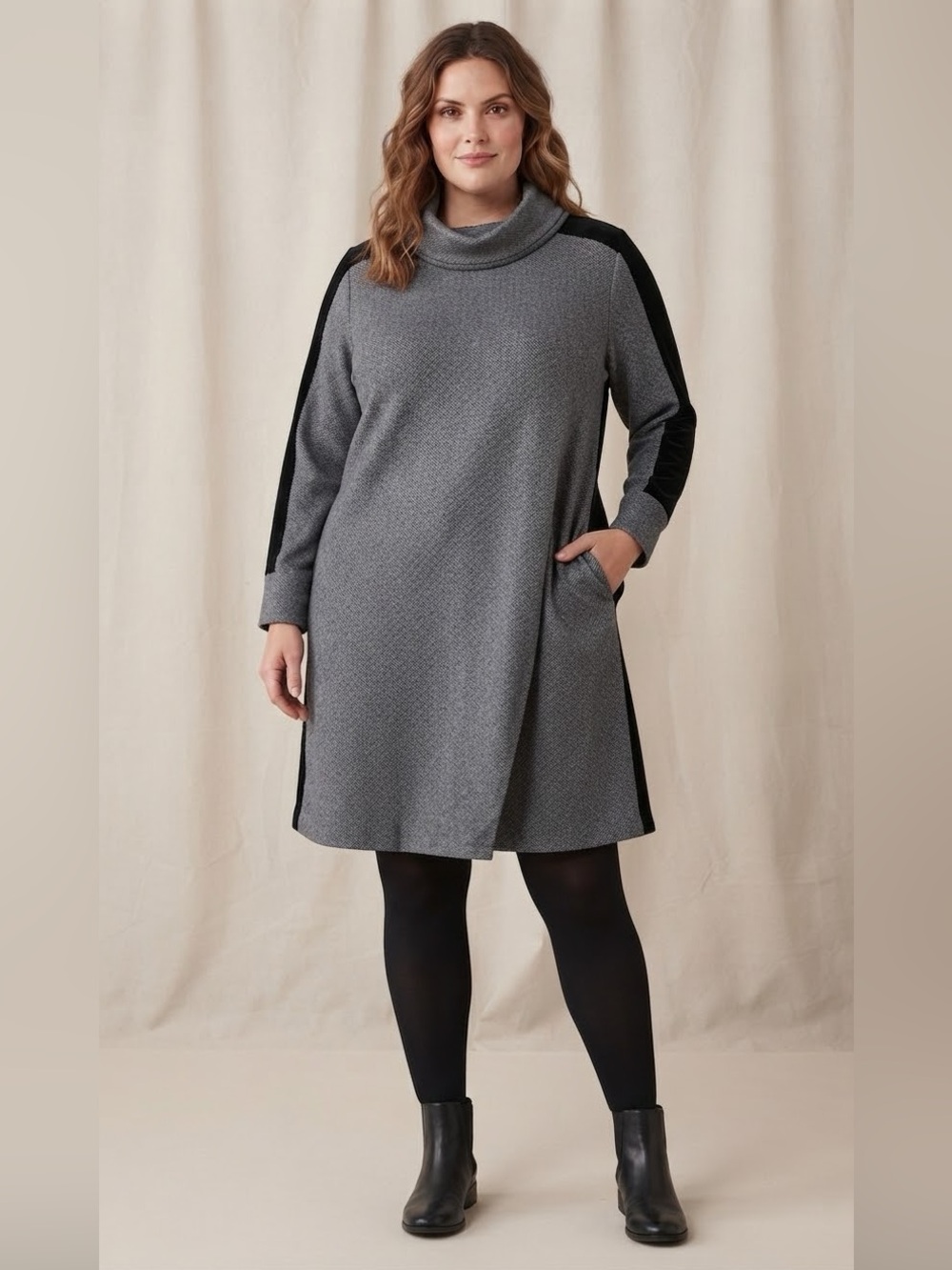 Soft Surroundings Charcoal Gray Cowl Neck Tunic Dress with Black Velvet Accents